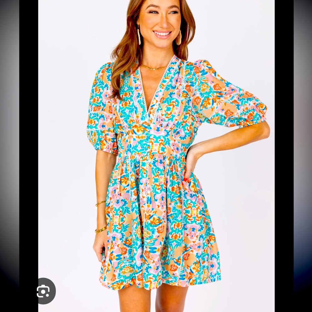 Floral V-Neck Puff Sleeve Mini Dress - Teal & Peach